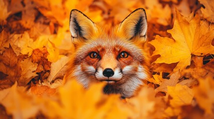 Fototapeta premium A charming fox peeks through vibrant autumn leaves, showcasing nature's beauty in rich orange tones.