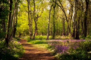 path in the forest, spring in the forest, blooming bluebells