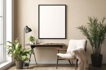 A cozy workspace featuring a chair, desk, plants, and a blank frame on a beige wall.