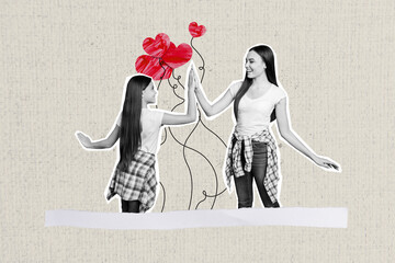 Creative collage young woman girl mother daughter family day holiday celebrate love together...