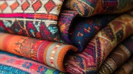 Detailed shot of Peruvian woven fabrics, highlighting the craftsmanship and vivid colors of traditional textile art.