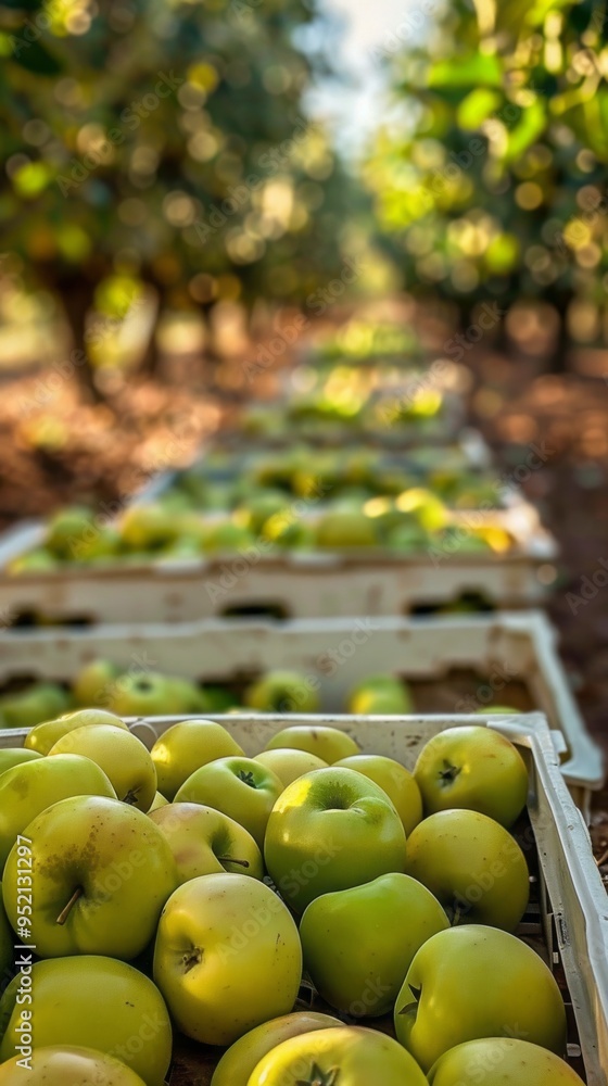 Poster a row of green apples are in a crate