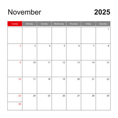Wall calendar template for November 2025. Holiday and event planner, week starts on Sunday.