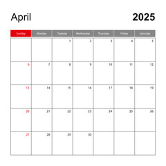 Wall calendar template for April 2025. Holiday and event planner, week starts on Sunday.