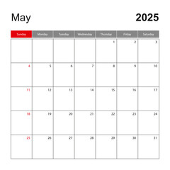 Wall calendar template for May 2025. Holiday and event planner, week starts on Sunday.