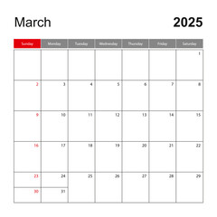 Wall calendar template for March 2025. Holiday and event planner, week starts on Sunday.