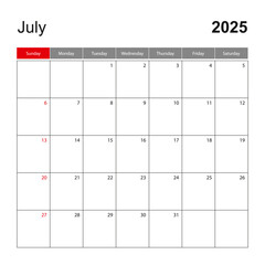 Wall calendar template for July 2025. Holiday and event planner, week starts on Sunday.