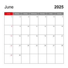 Wall calendar template for June 2025. Holiday and event planner, week starts on Sunday.