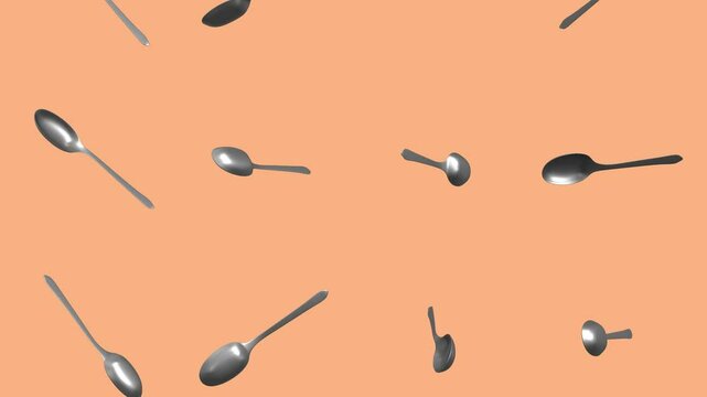 Stainless Steel 3D Spoons Falling Animation. Kitchen Utensils. 4K