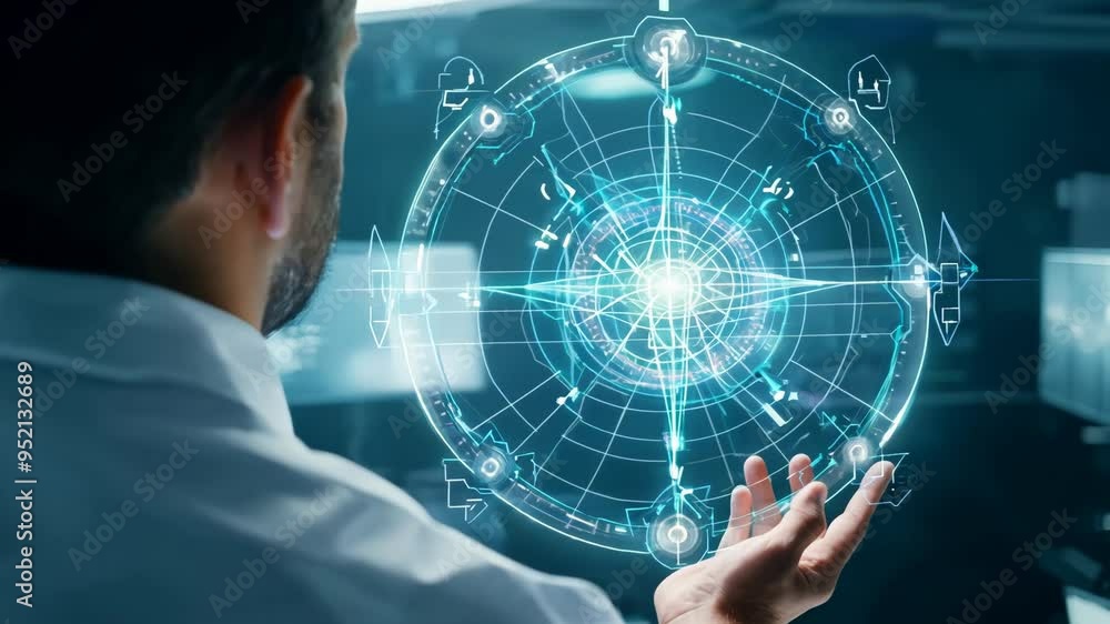 Poster a researcher investigates complex data while surrounded by cutting-edge technology and glowing scree