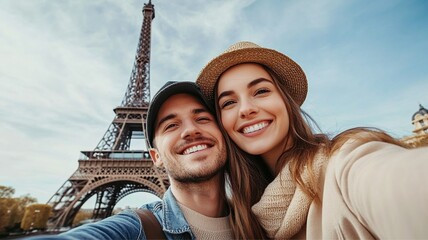 Create a lively image of a happy couple taking a selfie in front of the Eiffel Tower in Paris. The scene captures the essence of summer travel and iconic landmarks, reflecting joy and memorable moment