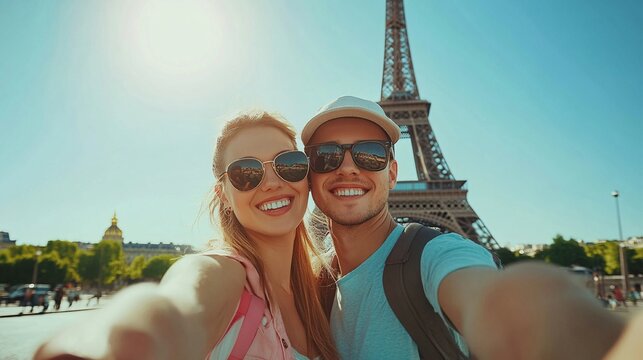 Create a lively image of a happy couple taking a selfie in front of the Eiffel Tower in Paris. The scene captures the essence of summer travel and iconic landmarks, reflecting joy and memorable moment