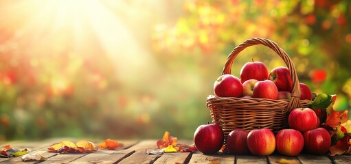 Beautiful background with an apple basket on a wooden table and sun flare