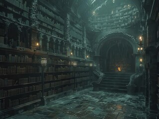 Eerie, dark, enchanted library with gothic architecture, lined with ancient books and illuminated by mystical light.