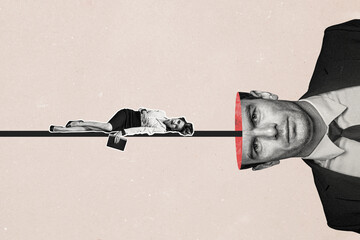 Composite photo collage of serious businessman cut head thought secretary girl corporate romance...