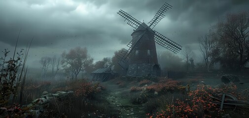 Abandoned windmill on a foggy, overcast day in a desolate landscape, evoking a sense of mystery and eerie atmosphere.