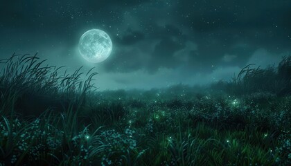 Naklejka premium Enchanting night scene with a full moon illuminating a lush meadow, surrounded by stars and fireflies under a dark, cloudy sky.