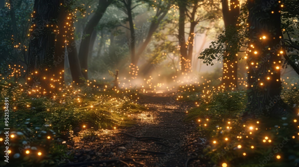 Poster magical forest path illuminated by glowing fireflies, creating an enchanting and serene atmosphere d