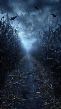 Eerie night scene of a narrow dirt path through a dark cornfield with a misty, ominous atmosphere and crows flying overhead.