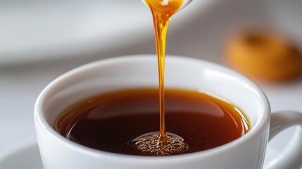 A drop of vanilla extract dripping into a coffee cup, showcasing gourmet flavors