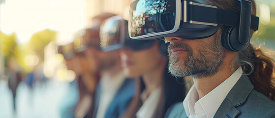 Group of business professionals using virtual reality headsets banner cover background, use VR headset 