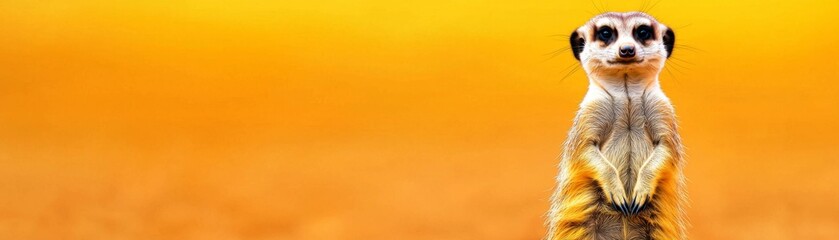 A curious meerkat stands upright against a vibrant orange background, showcasing its inquisitive nature and playful demeanor.