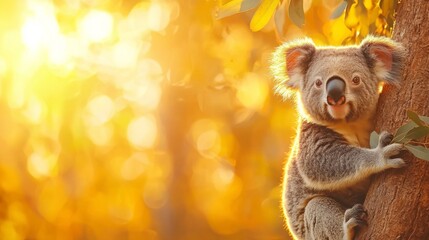 Fototapeta premium A cute koala perched on a tree, surrounded by warm autumn colors, basking in the gentle sunlight. Perfect for nature lovers.