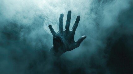 From the smoky unknown, a creepy hand reaches out, capturing the essence of horror and the unknown in a chilling atmosphere.