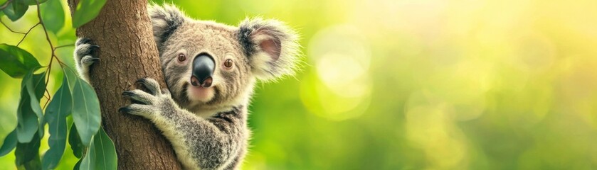 Fototapeta premium A cute koala resting on a tree, surrounded by vibrant foliage in a sunny environment, showcasing the beauty of wildlife.
