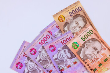 Armenian money drams banknotes cash of various denominations using in Republic of Armenia
