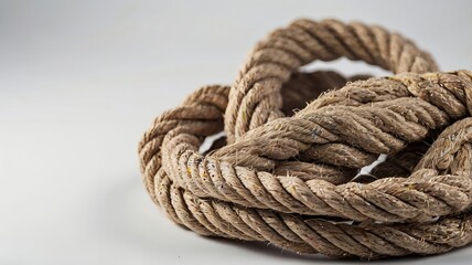 Thick coiled rope on white surface symbolizing strength and durability. Industrial material concept