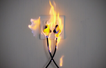 Electricity, fire and socket on wall of home with space for accident, connection or emergency....