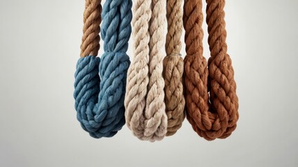 Colorful braided ropes in variety textures and shades hanging together. Unity and diversity concept