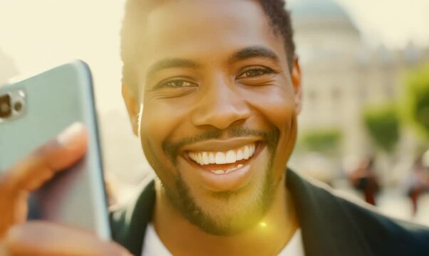 Haitian Man Smiling with Mobile Phone in Paris Streets