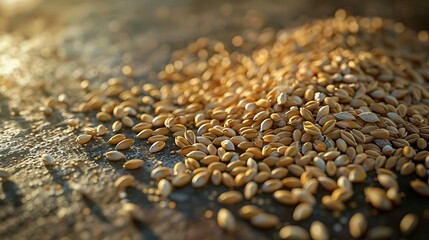 Obraz premium A close-up of golden grains scattered on the ground, illuminated by sunlight. The grains are clearly visible and have an almost textured appearance. 