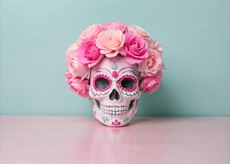 Day of the Dead sugar skull with pink flowers on a light background.