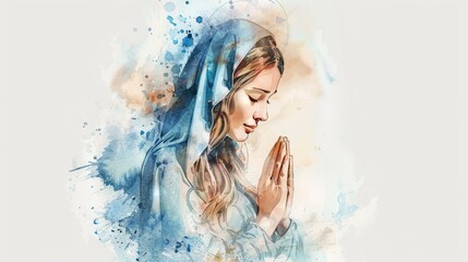 Beautiful watercolor illustration of the Virgin Mary praying in devotion, isolated on a white background.