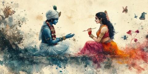 Divine Romance: Abstract Radha Krishna Wall Art in Vibrant Watercolors. Elegant Hindu Couple Poster for Modern Spiritual Decor. Minimalist Religious Design with Textured Red-Blue Palette, Perfect for 
