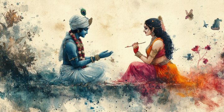 Divine Romance: Abstract Radha Krishna Wall Art in Vibrant Watercolors. Elegant Hindu Couple Poster for Modern Spiritual Decor. Minimalist Religious Design with Textured Red-Blue Palette, Perfect for 