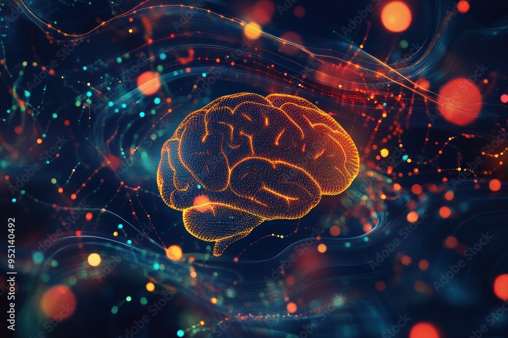Poster a digital representation of the human brain surrounded by abstract light patterns