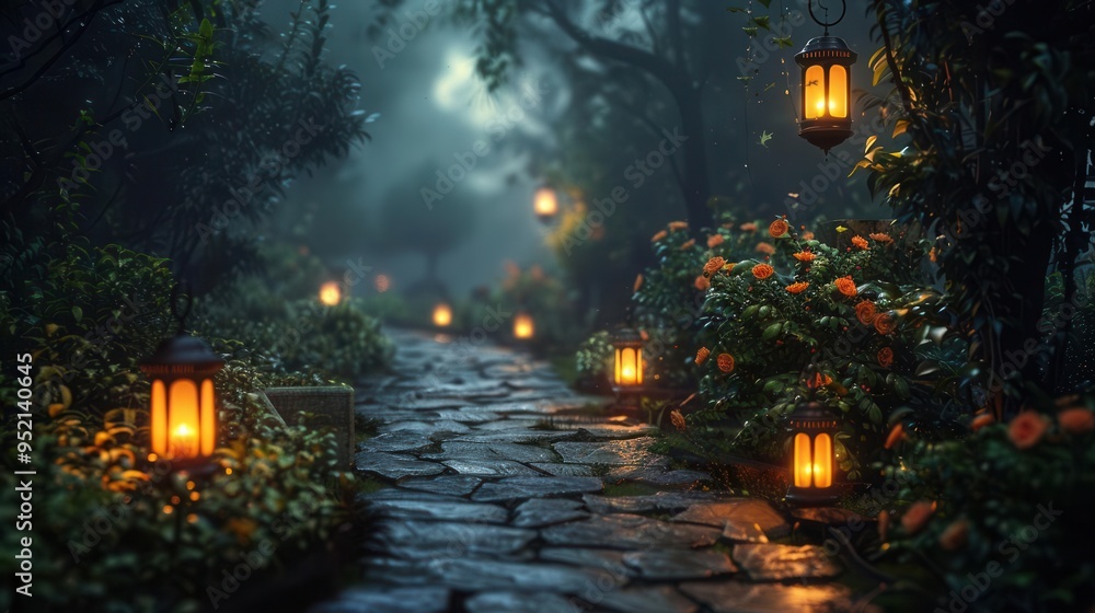 Poster magical garden path illuminated by vintage lanterns at night, creating a tranquil and enchanting atm
