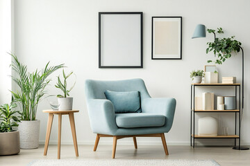 interior design of room with mint armchair and frame mockup on wall