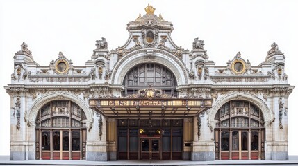 A grand architectural facade showcasing intricate designs and elegant entrances.