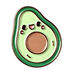 A cute and detailed enamel pin featuring an avocado with a playful expression. The avocado is depicted with a smooth, green outer skin and light green flesh, accented by a brown seed. Isolated PNG