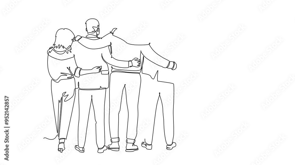 Aufkleber animated self drawing of continuous line draw back view of group men and woman from multi ethnic sta
