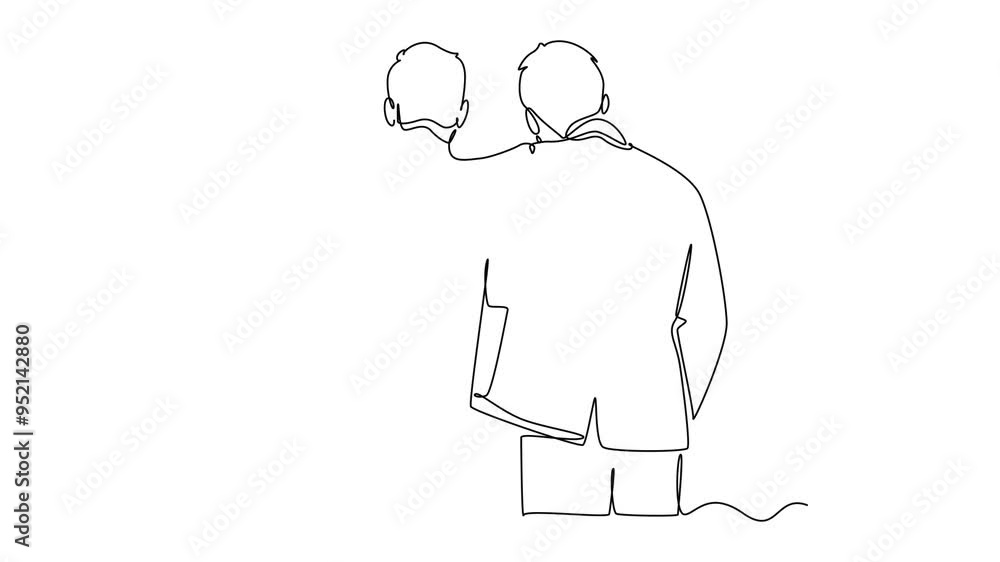 Poster animated self drawing of continuous line draw back view of young happy businessmen hugging each othe