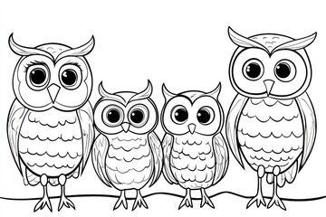 Fototapeta premium A charming family of owls in a delightful coloring book design for kids featuring bold outlines for easy coloring