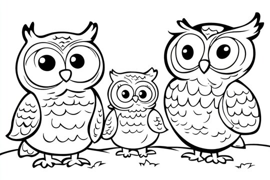 A delightful owl family coloring book page for kids featuring three adorable owls, perfect for sparking creativity and imagination during art time
