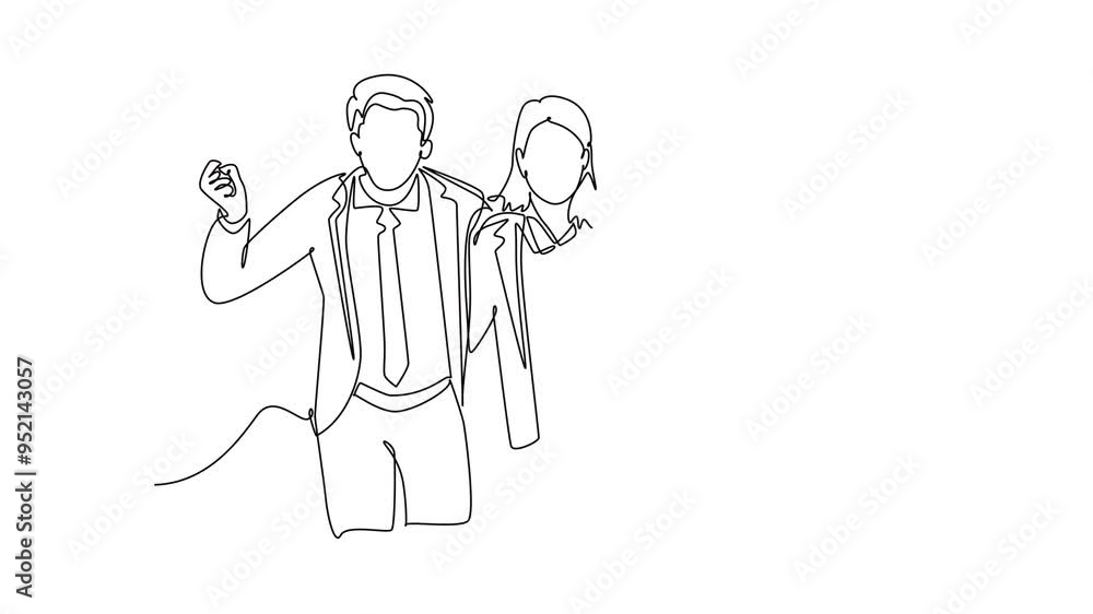 Aufkleber self drawing animation of single line draw young happy male and female manager standing together and
