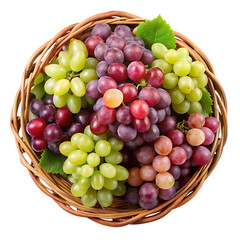 Grapes in a wicker basket high angle view isolated on a white background;